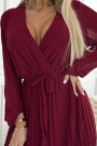  537-1 Pleated chiffon dress with scoop neckline, long sleeves and tied belt - burgundy 