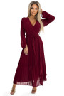  537-1 Pleated chiffon dress with scoop neckline, long sleeves and tied belt - burgundy 