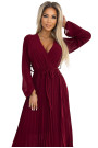  537-1 Pleated chiffon dress with scoop neckline, long sleeves and tied belt - burgundy 