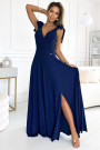  405-5 ELENA Long dress with a neckline and ties on the shoulders - navy blue with glitter 