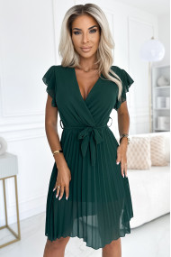  424-6 Chiffon pleated dress with a neckline and frills - green 