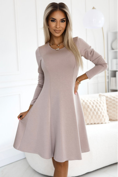  567-1 Comfortable long sleeve trapeze dress - beige 