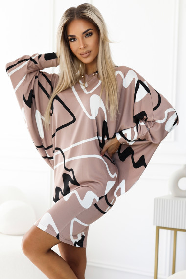  402-8 Batwing sleeveless comfortable dress with a neckline - beige with a black and white pattern 