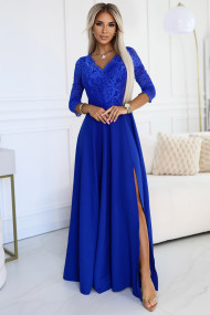  309-12 AMBER elegant lace long dress with a neckline - Royal blue 
