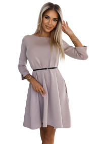  579-1 Classic trapeze dress with black belt - beige 