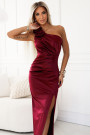  580-2 AURORA long satin one shoulder dress with roses - burgundy 