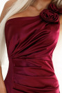  580-2 AURORA long satin one shoulder dress with roses - burgundy 