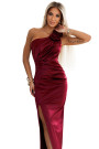  580-2 AURORA long satin one shoulder dress with roses - burgundy 