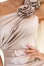  580-1 AURORA long satin one shoulder dress with roses - beige color 