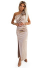  580-1 AURORA long satin one shoulder dress with roses - beige color 