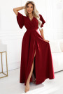  581-2 JENNIFER long dress with leg slit, sleeve and neckline - burgundy color 
