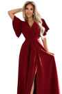  581-2 JENNIFER long dress with leg slit, sleeve and neckline - burgundy color 