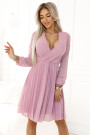  313-16 ISABELLE Polish pleated dress with long sleeves and neckline - powder pink 