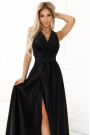 587-2 MONIQUE long exclusive satin dress with neckline and leg slit - black 