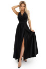  587-2 MONIQUE long exclusive satin dress with neckline and leg slit - black 