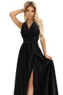  587-2 MONIQUE long exclusive satin dress with neckline and leg slit - black 