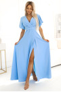  581-3 JENNIFER long dress with leg slit, sleeve and neckline - light blue 
