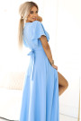  581-3 JENNIFER long dress with leg slit, sleeve and neckline - light blue 
