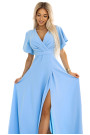  581-3 JENNIFER long dress with leg slit, sleeve and neckline - light blue 