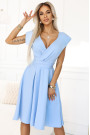  348-12 SCARLETT - flared midi dress with envelope neckline and belt - light blue 