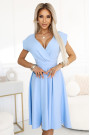  348-12 SCARLETT - flared midi dress with envelope neckline and belt - light blue 