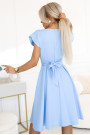  348-12 SCARLETT - flared midi dress with envelope neckline and belt - light blue 