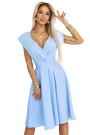  348-12 SCARLETT - flared midi dress with envelope neckline and belt - light blue 