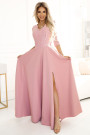  309-13 AMBER elegant long lace dress with a neckline - powder pink 