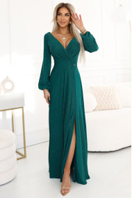  572-4 NELA shiny long dress with neckline, long sleeves and leg slit - green 