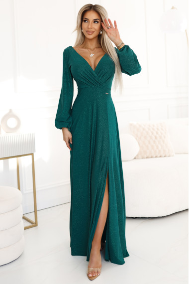  572-4 NELA shiny long dress with neckline, long sleeves and leg slit - green 