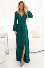  572-4 NELA shiny long dress with neckline, long sleeves and leg slit - green 