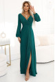  572-4 NELA shiny long dress with neckline, long sleeves and leg slit - green 