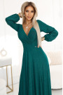  572-4 NELA shiny long dress with neckline, long sleeves and leg slit - green 