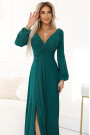  572-4 NELA shiny long dress with neckline, long sleeves and leg slit - green 