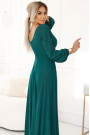  572-4 NELA shiny long dress with neckline, long sleeves and leg slit - green 