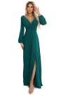  572-4 NELA shiny long dress with neckline, long sleeves and leg slit - green 