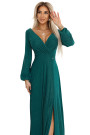  572-4 NELA shiny long dress with neckline, long sleeves and leg slit - green 