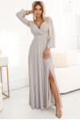  572-3 NELA shiny long dress with a neckline, long sleeves and a leg slit - beige 