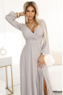  572-3 NELA shiny long dress with a neckline, long sleeves and a leg slit - beige 