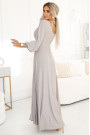  572-3 NELA shiny long dress with a neckline, long sleeves and a leg slit - beige 