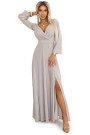 572-3 NELA shiny long dress with a neckline, long sleeves and a leg slit - beige 