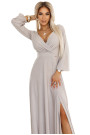  572-3 NELA shiny long dress with a neckline, long sleeves and a leg slit - beige 