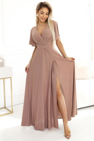  581-4 JENNIFER shiny long dress with sleeves and neckline - mocha mousse with glitter 