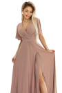  581-4 JENNIFER shiny long dress with sleeves and neckline - mocha mousse with glitter 