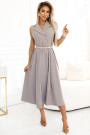  596-2 Elegant midi shirt dress with gold buttons and belt - gray beige 