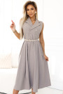  596-2 Elegant midi shirt dress with gold buttons and belt - gray beige 