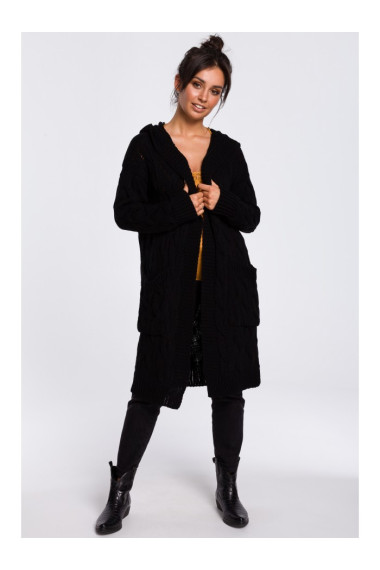 BK033 Pleated knit hooded cardigan - black