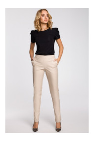 M144 Straight leg, faux leather trousers with a back zip - beige