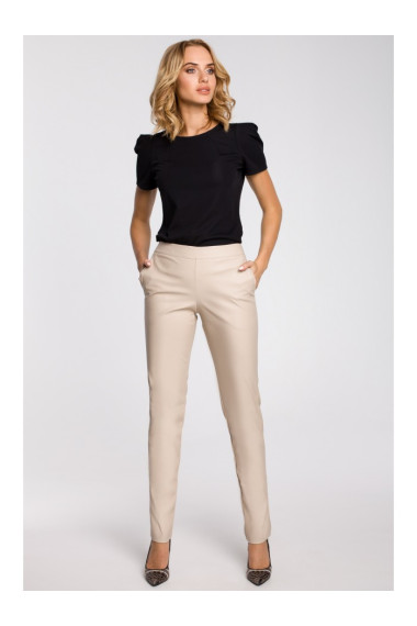 M144 Straight leg, faux leather trousers with a back zip - beige