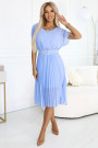  465-4 MIA Pleated Chiffon Midi Dress with Wide Belt - Light Blue 
